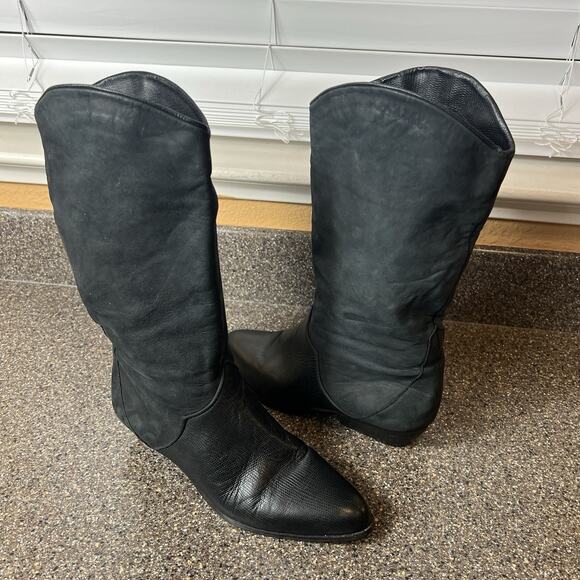 Botalino Women's Size 7.5 M Black Nubuck Leather Mid Calf Boots Pull On Low Heel - Picture 1 of 9